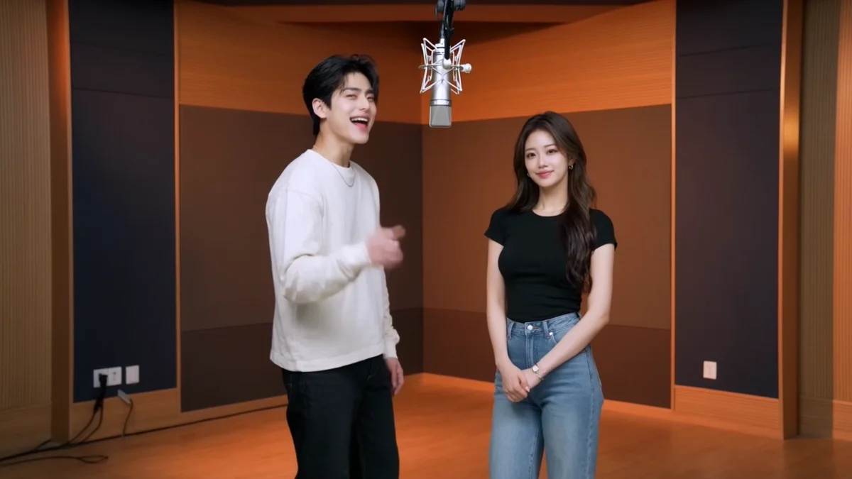 After-hours groove: two performers at a microphone in an orange booth